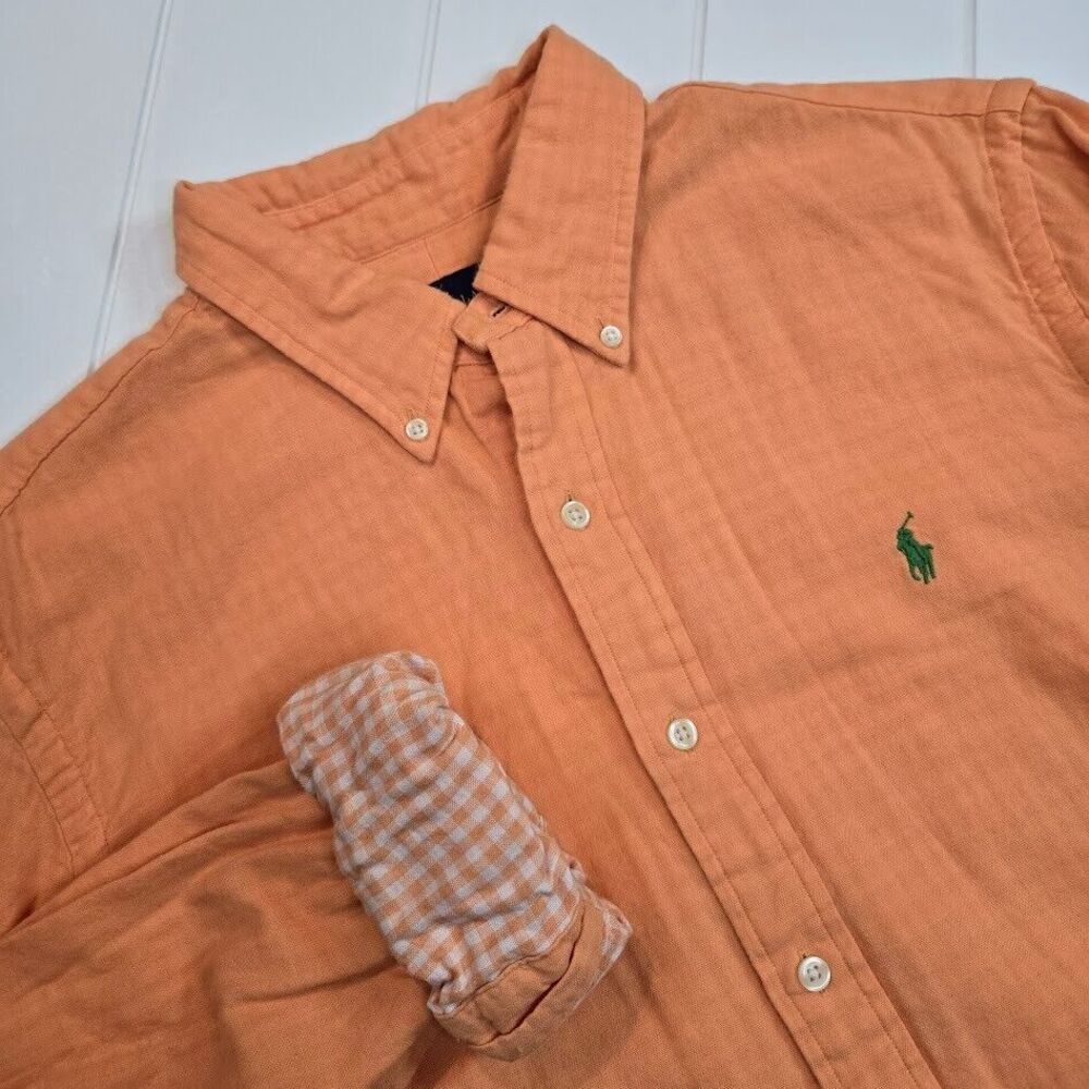 Ralph Lauren Men's L Button Down Shirt Orange‎ Gingham Lined L/S Cotton Gauze